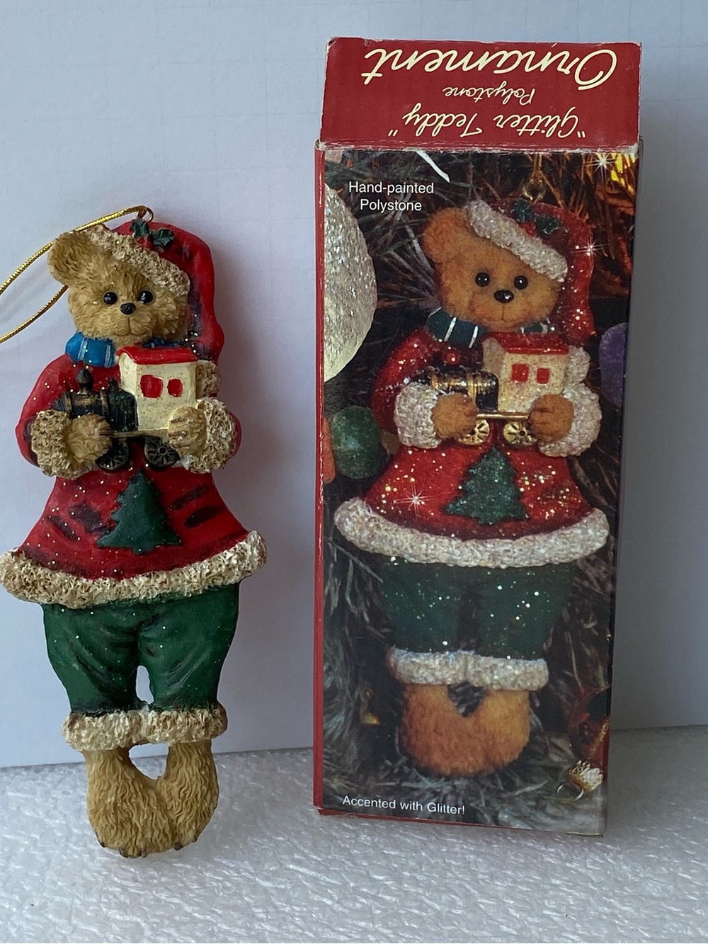 Vintage Glitter Teddy Bear Hand Painted Polystone Christmas Tree Ornament in Box
